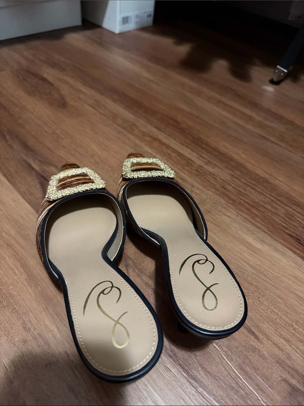 Women's Black and Gold Slip-On Flats with Decorative Buckle
